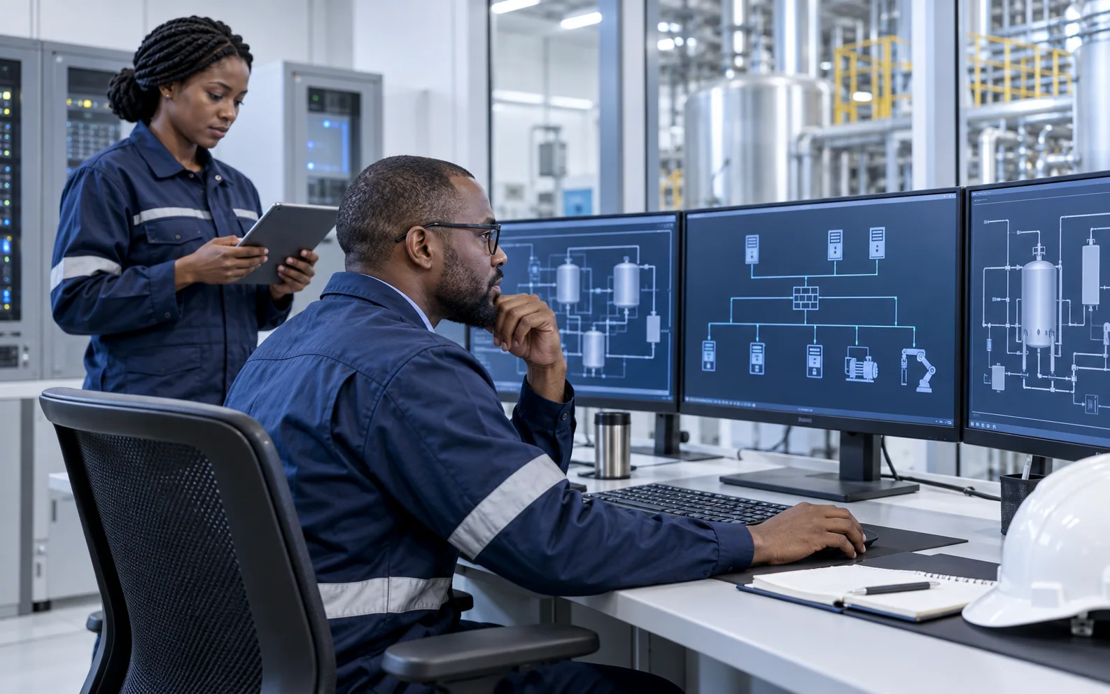 Illustrative scene of security and operations engineers reviewing an industrial control environment